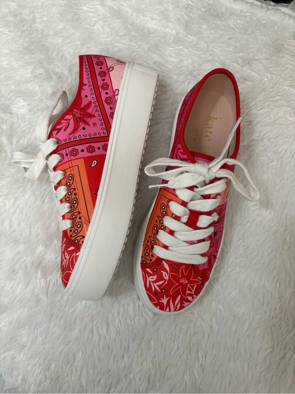 Kate Spade New York Serve Bandana Patchwork Platform Red-Pink Sneakers Size 7.5B